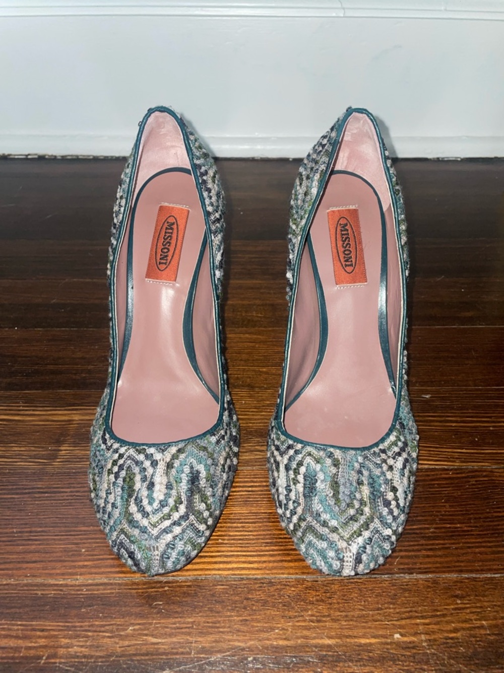 Missoni Green Patterned Tweed Pumps with Pink Insole